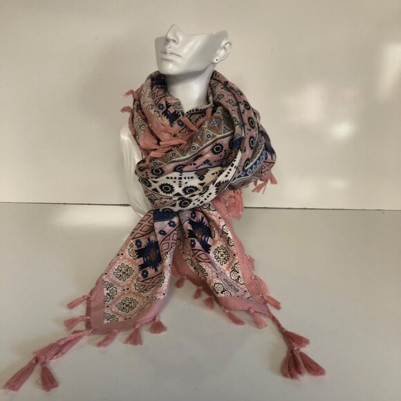 Bohemian Inspired Pink Blue Geometric Patterned Scarf Tassels Square 43x43in - Picture 4 of 5